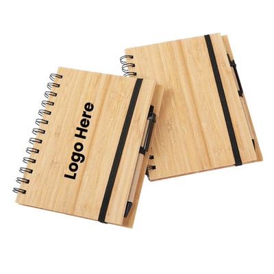 Bamboo Cover Spiral Notebook w/Pen