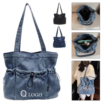 14.5 X 12" Denim Spacious Magnetic Snap Drawstring Tote