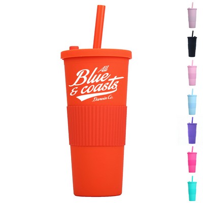 24 oz Double Wall Plastic Tumbler with Straw