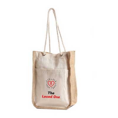 Cotton Gift Bag with Front Pocket, Jute Gusset and Rope Handles