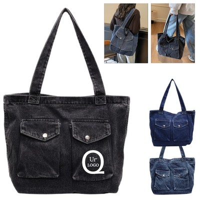 16.5 X 12.6" Denim Large Capacity Zippered Tote Bag
